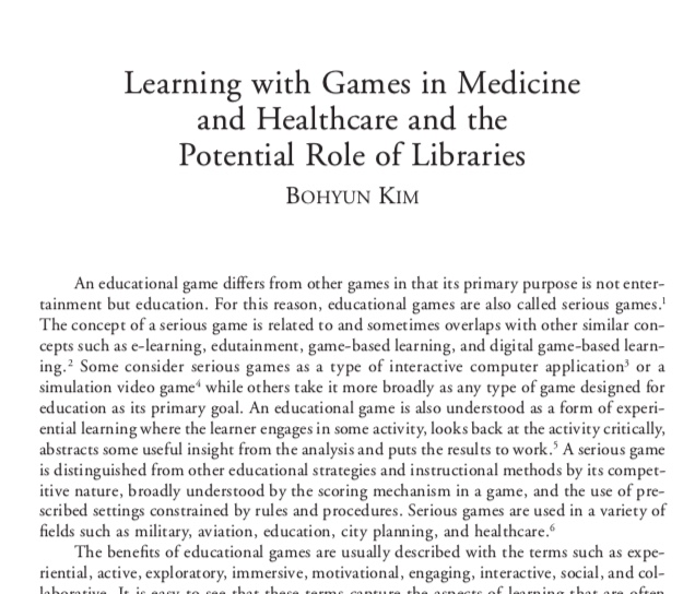 Frontpiece image of an article by Bohyun Kim for an article she wrote called Learning with Games in Medicine and Healthcare and the Potential Role of Libraries