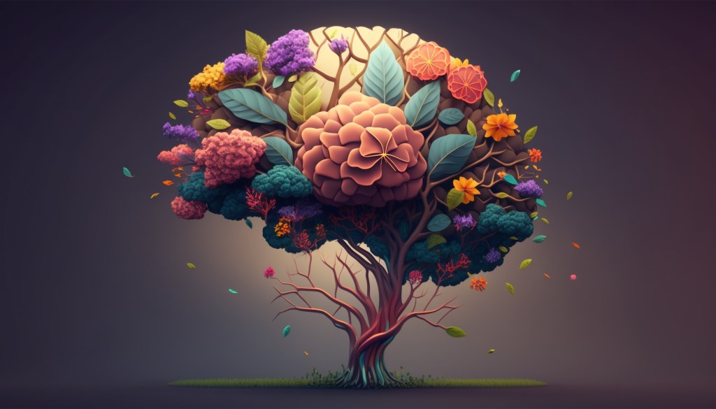 Image of a brain with flowers, leaves and branches.